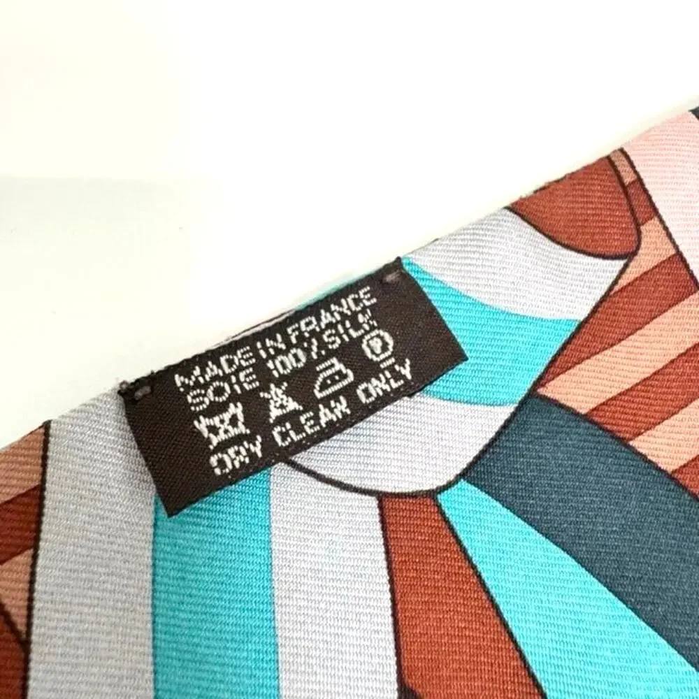 HERMES Paris Echarpe Belt Motif Silk Twilly Blue Brown Orange Satin Neck Scarf